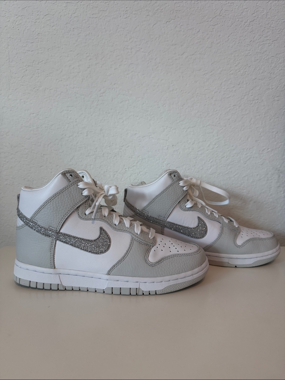Nike White & Light Gray Glitter High Top Air Jordans - Size 6.5